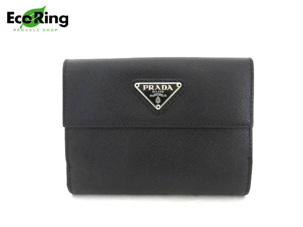 1円 超美品 プラダ Wホック 2折 サフィアーノレザー 財布 ブラック BR490