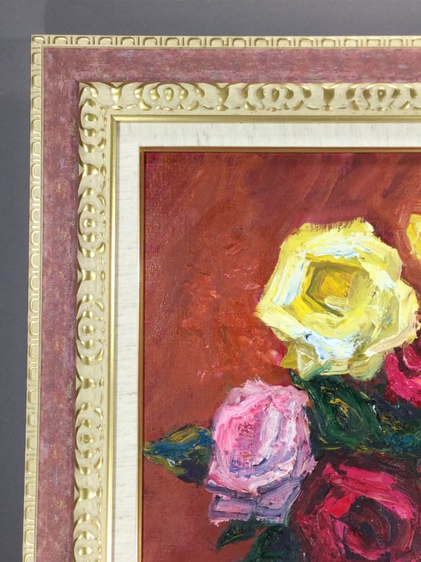 油彩□作者不詳□バラ薔薇の図□8号□秀作□額