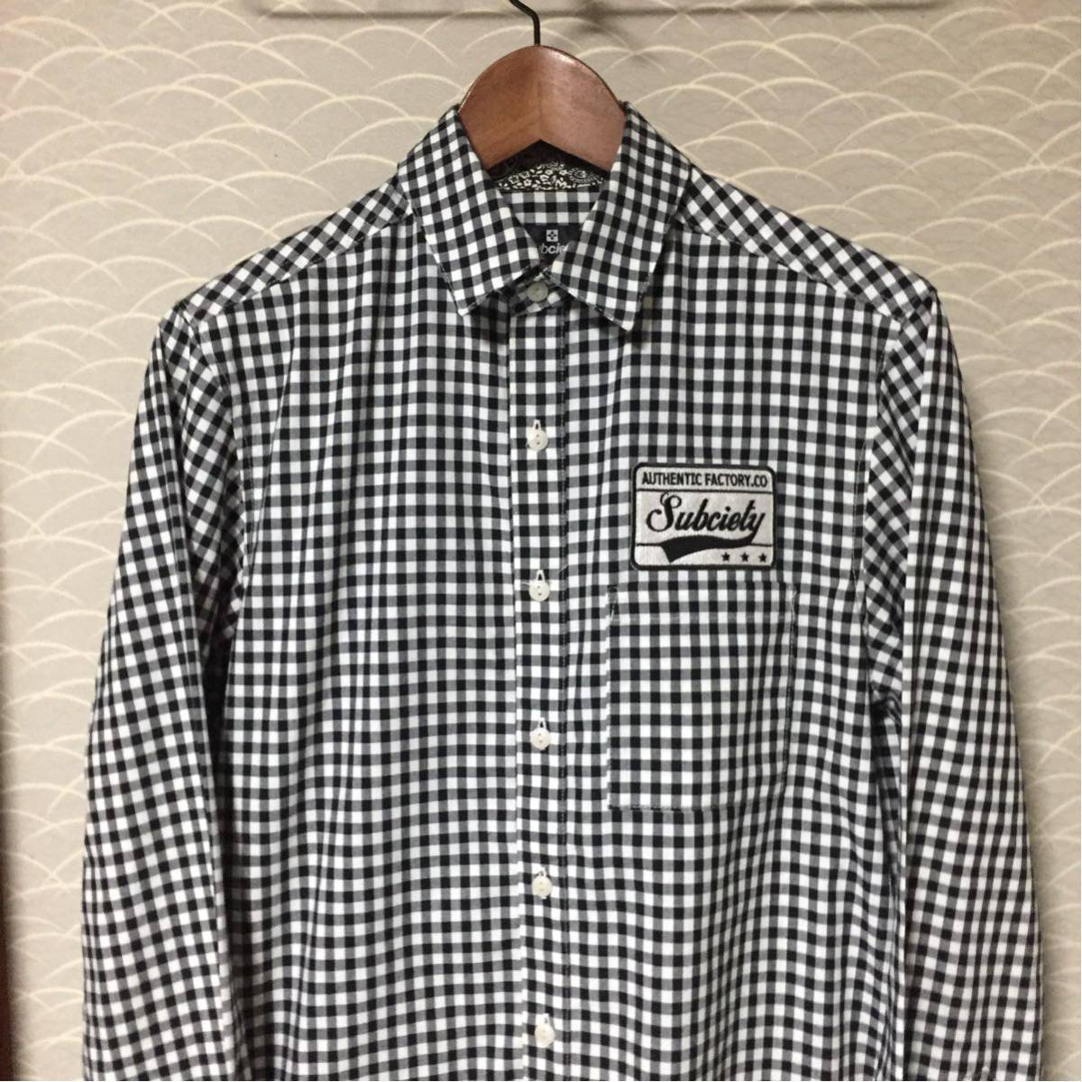 美品】SUBCIETY エンブレムシャツ 長袖 ギンガムチェック Mサイズ