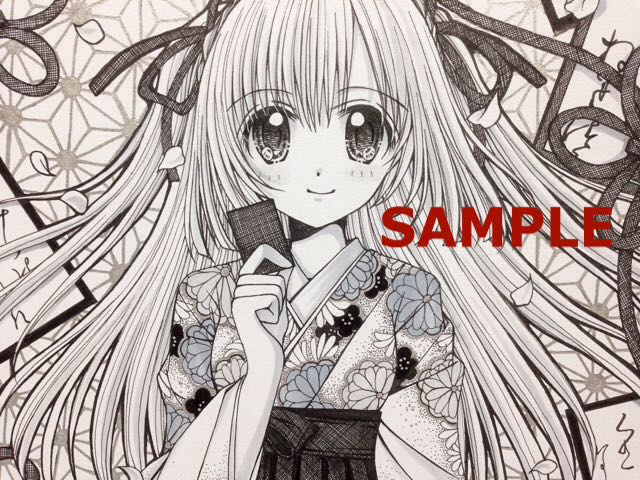 手描きイラスト オリジナル 「百人一首の女王様」 色紙 モノクロ
