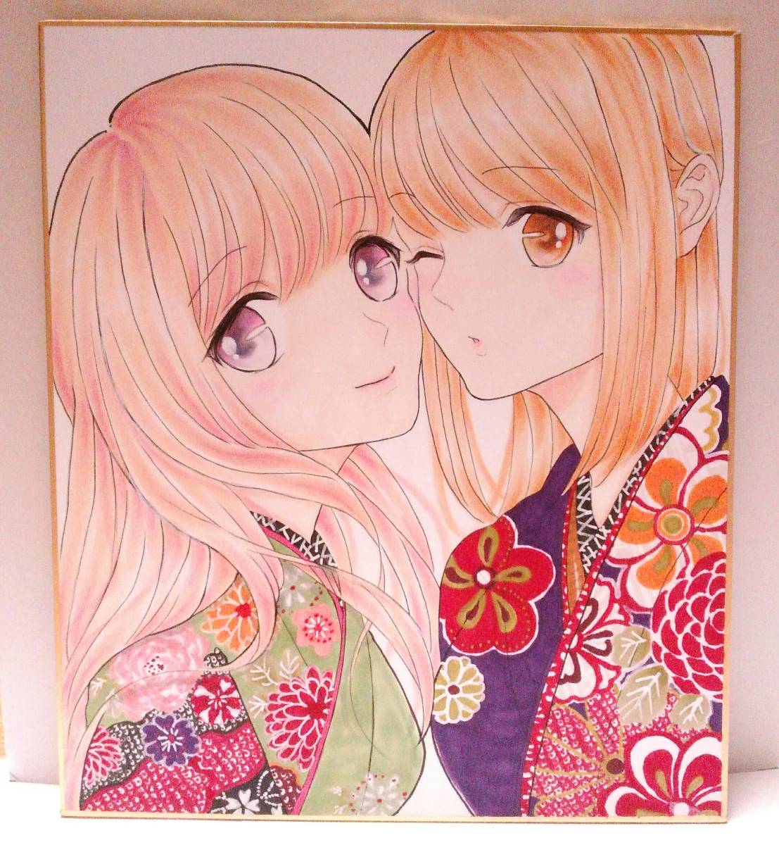 j*n様 手描きイラスト色紙・創作 オリジナル着物 女の子和風美少女平安コピック ◇オリジナル手描きイラスト◇着物で仲良し女の子◇色紙(手描き
