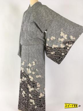 スピ買■ 着物 1円 名品 美品 訪問着 黒 桜 たたき染め風 正絹 袷（10月～5月） 163cm Mサイズ ☆☆☆☆