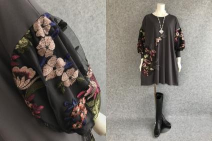 ◆新品◆*異素材Mix*ボリューム袖*刺繍デザインワンピース*