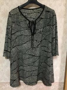 美品 高級 詩仙堂 大きい ゆったりサイズ ワンピース ブラック 半袖 柄入り カットソー 縮緬 ちりめん 風 ブラウス ヒトシ タムラ 