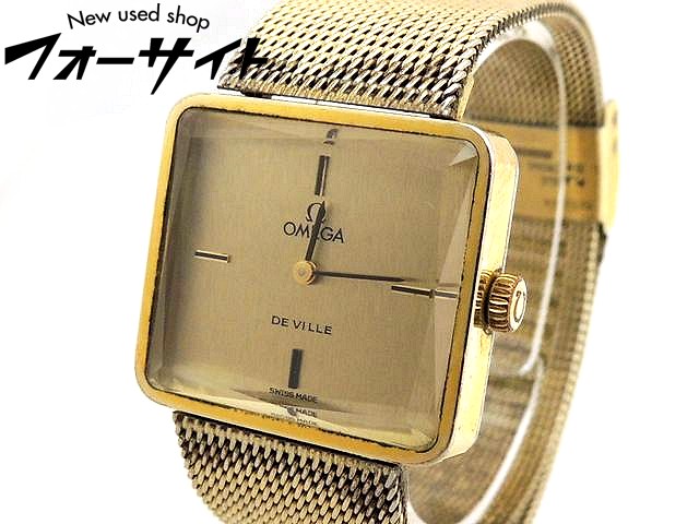 3F 100円スタート ヴィンテージ OMEGA オメガ■DE VILLE デビル カットガラス 風防 ゴールドカラー スクエア 手巻き ボーイズ 時計□30Ｄ