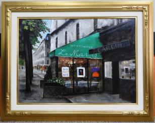 【パリ蚤の市】水口満　油彩画 ○水口満○油彩画○風景画○シャンゼリゼ近くのカフェテラス○真作