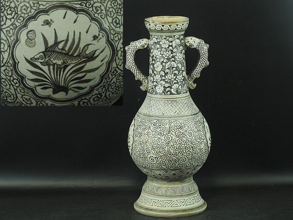 中国 宋時代 磁州窯 魚図大花瓶 高さ約41cm 古美術唐物古玩骨董品