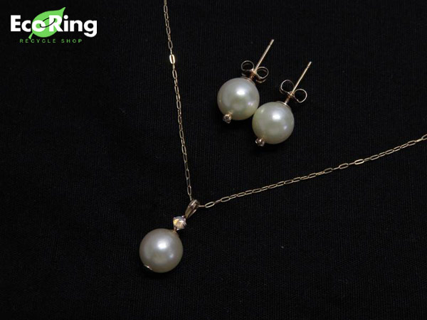 1円 アガット K10YG×パール ネックレス＆K10YG×ダイヤモンド×パール ピアス 計2点セット DT771