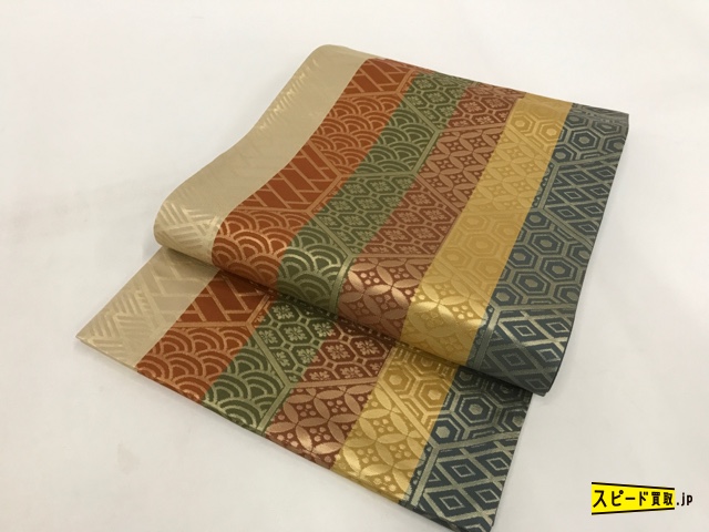 スピ買◇ 着物 1円 美品 名品 袋帯 ベージュ 多色 有職文様 縞