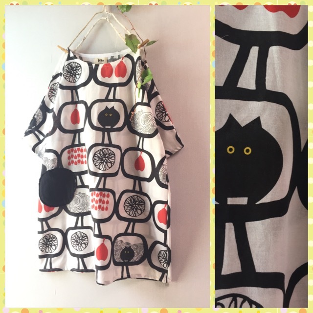 人気，限定SALE handmade::ネコ柄 レトロ 個性的なゆったりチュニック：北欧ねこ黒猫 ハンドメイド手作り プルオーバー肩落ち コットンリネン(トップス)｜売買されたオークション情報、yahooの商品情報をアー トップス