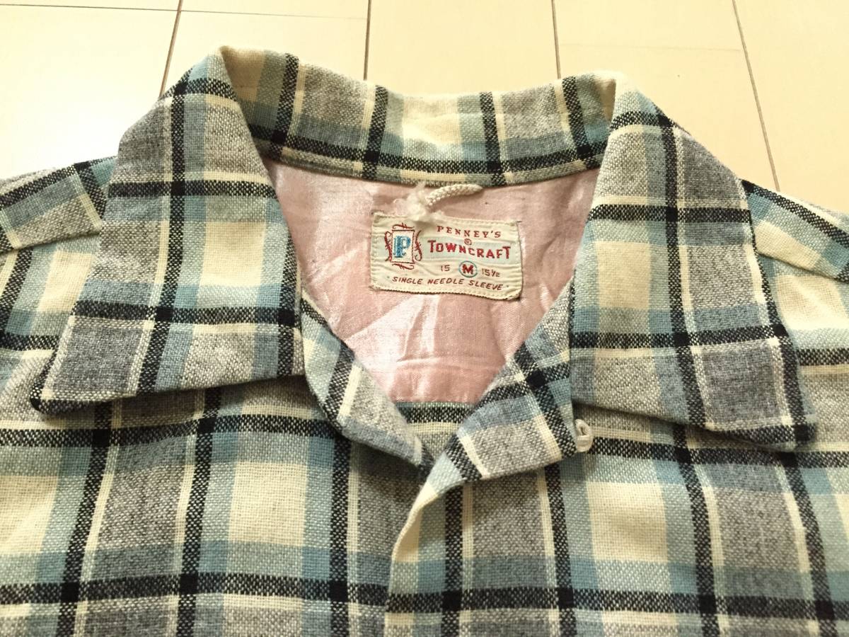 50S TOWNCRAFT PENNEY'S 黒 灰 青 チェック ウールシャツ 長袖 M 50S TOWNCRAFT PENNEY'S 黒 灰 青 チェック ウールシャツ 長袖 M