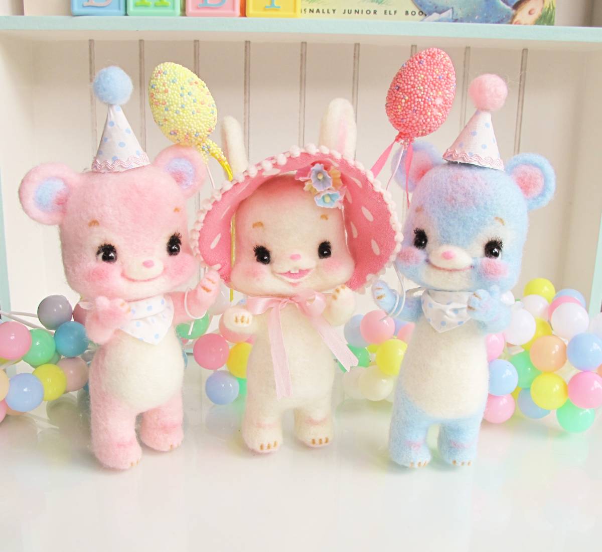 pinocosmile*ピンクのベアちゃん*羊毛フェルト*ベビーカード*ラバードール*絵本*ビンテージ*プチカスタムブライスお好きな方も^^