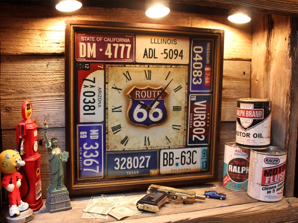 1円 新品 アンティーク レトロ ナンバープレートモチーフ ルート66 ウォールクロック 時計 男前 アメリカンインテリア ガレージ