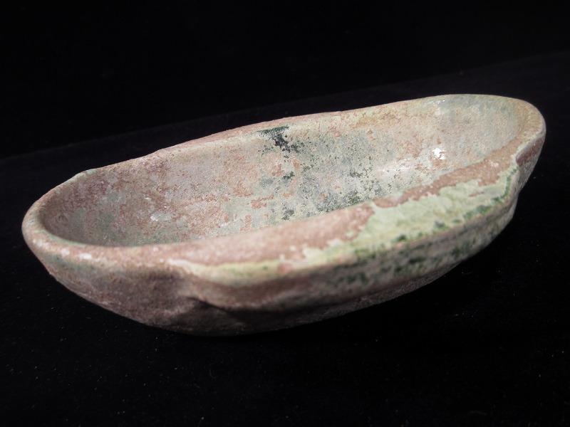 古代中国陶器 「漢 緑釉耳杯 銀化盃」酒器酒盃 発掘明