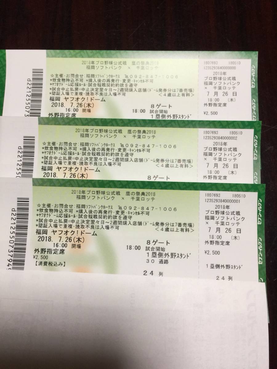 【鷹の祭典】7.26(木)ソフトバンクvsロッテ 1塁側【外野指定席3枚】_1