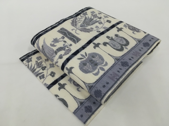 スピ買■ 着物 1円 優品 名古屋帯 クリーム 草花 鳥 幾何学 紬地 正絹 ☆☆☆