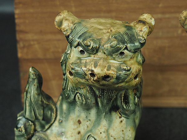 中国 明時代 緑釉獅子置物 一対 箱付 古美術唐物古玩骨董品 AE0167 竹