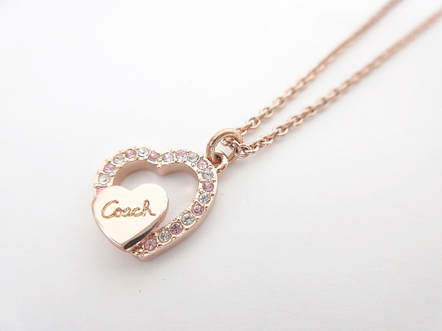 美品】COACHコーチ ローズゴールドネックレス ハート ラインストーン 
