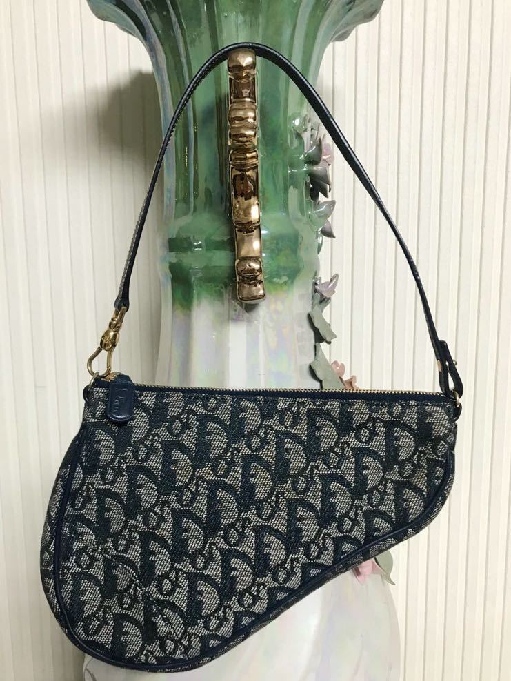 希少 VINTAGE OLD DIOR サドルバッグ トロッター柄 青 Christian Dior 