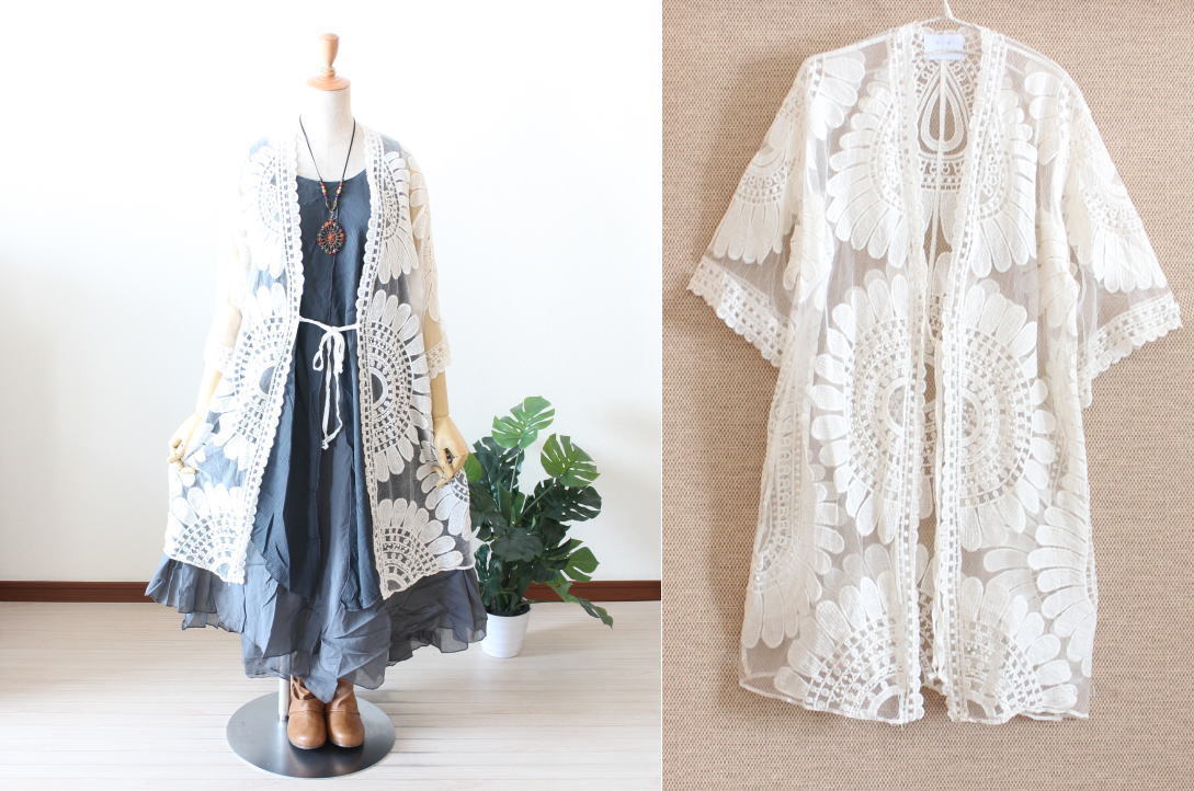 超激得，お買い得 大きなお花柄レース ゆったりロングカーディガン エスニック dandelion オフホワイト(XLサイズ以上)｜売買されたオークション情報、yahooの商品情報をアーカイブ公開 - オークファン XLサイズ以上