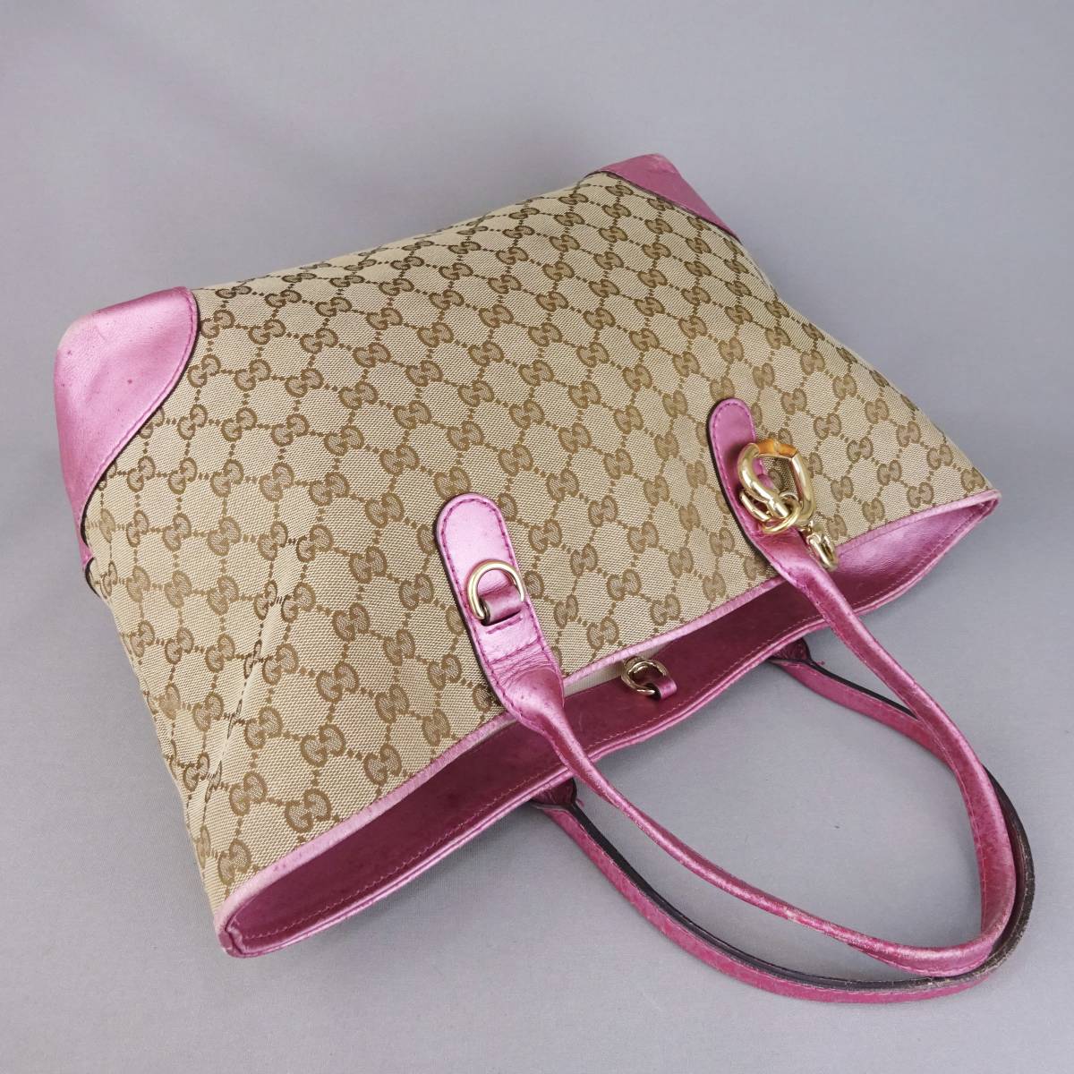 本物□グッチ□GG柄ベージュ/ピンクレザー/ゴールド金具□ショルダー 