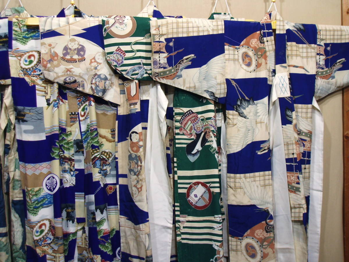 七五三 着物 男の子 10%OFFクーポン配布中!レンタル お買い物マラソン 着物レンタルの京都かしいしょう K05087【生地取り用 古布 正絹】古い男児着物 7枚セット