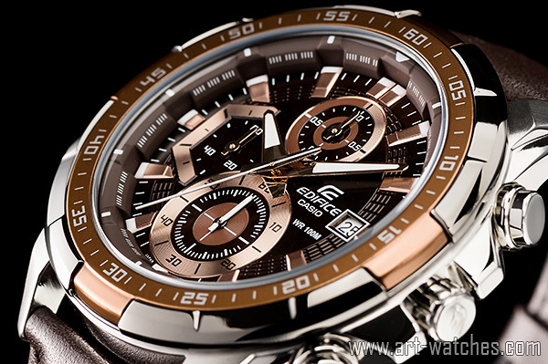 1円 カシオ 海外 ブラウン ＆ ローズゴールド 本革 EDIFICE 100m防水 
