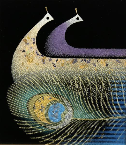 真作】【WISH】窪田嘉晴「双孔雀沈金」 漆絵 〇沈金、カナ漆塗、日展会