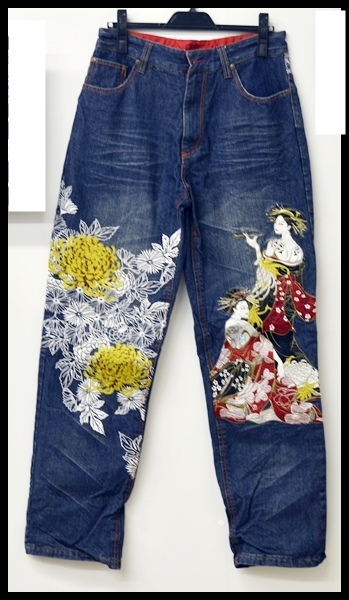 美品 華鳥風月 デニム 刺繍 花魁 菊柄 和柄 ジーンズ 30 マルチカラー 華鳥風月 刺繍 デニムパンツ 34 メンズ 和柄 花魁 花 菊 おいらん