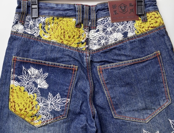 華鳥風月 刺繍 デニムパンツ 34 メンズ 和柄 花魁 花 菊 おいらん