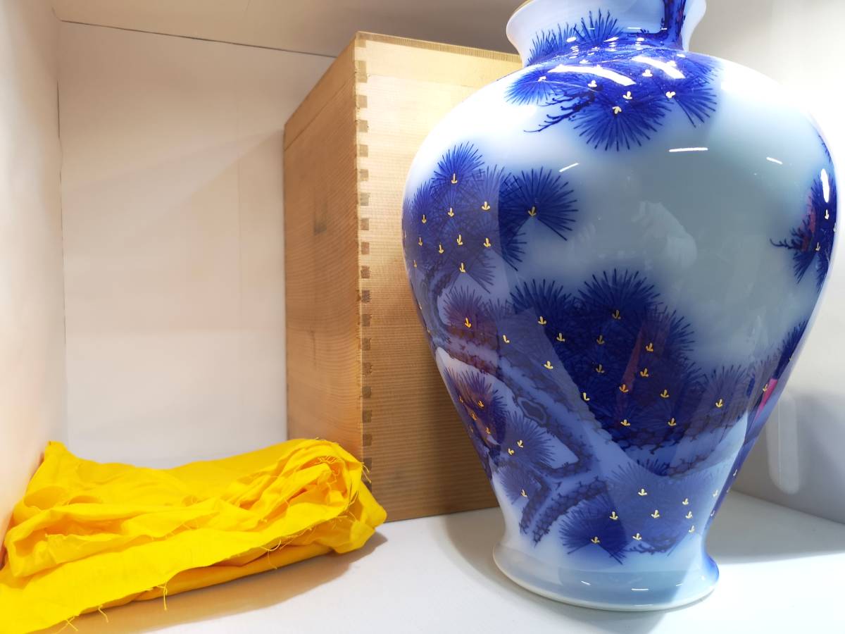 香蘭社 染錦模様 花瓶 鶴と松の絵柄 陶器花瓶 老松文 染錦御所車花瓶