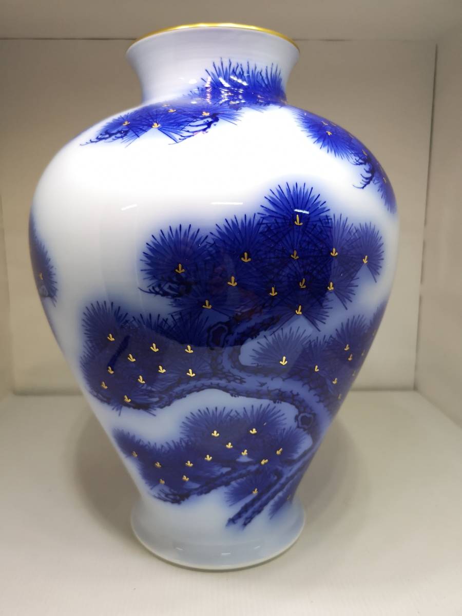 香蘭社 染錦模様 花瓶 鶴と松の絵柄 陶器花瓶 老松文 染錦御所車花瓶