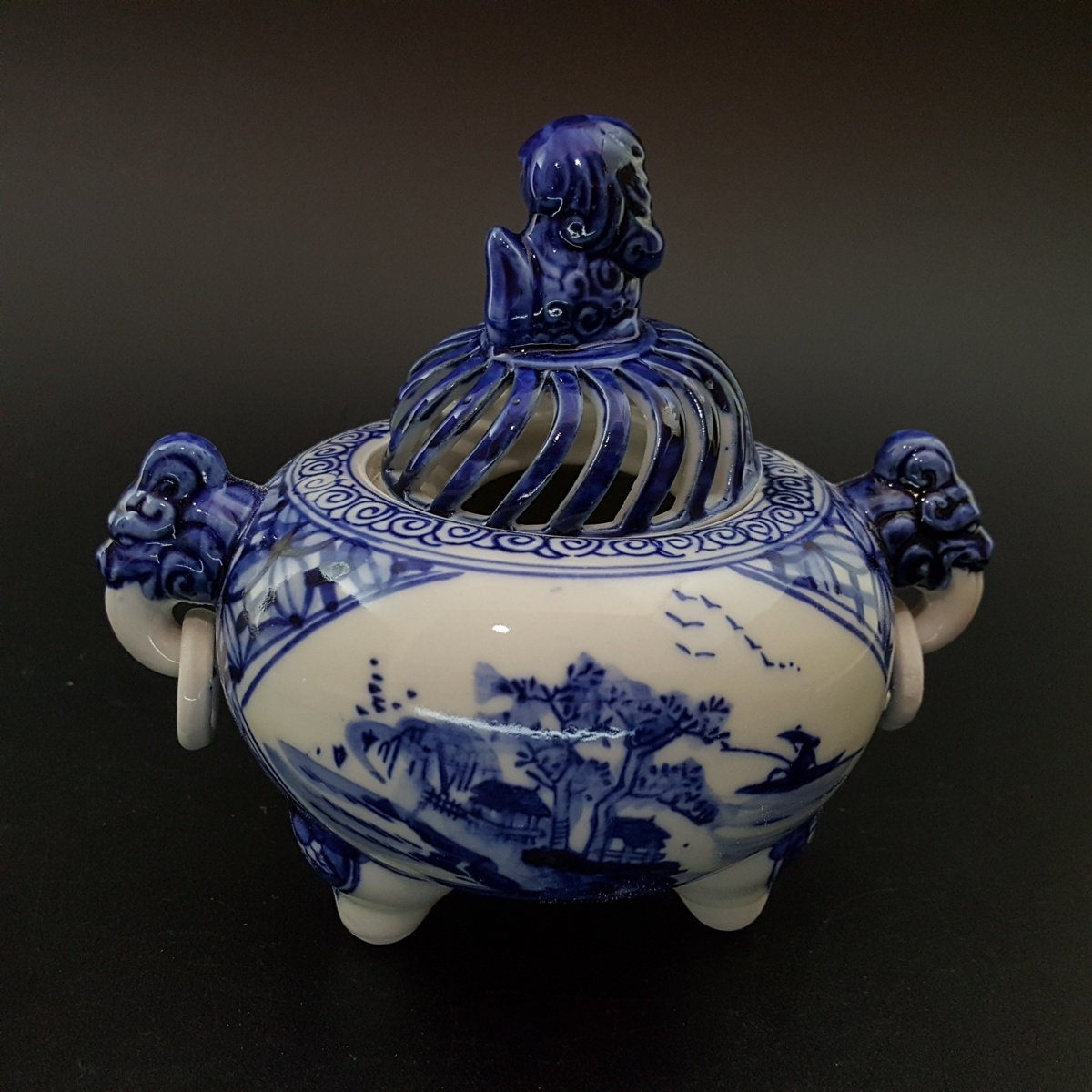 宝蔵】九谷焼 直作造 『床の間香蘆揃』染付香炉に香合 香道具 茶道具