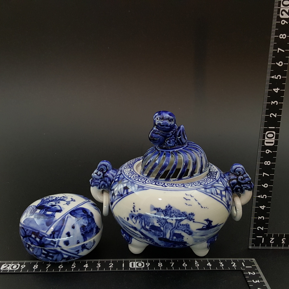 宝蔵】九谷焼 直作造 『床の間香蘆揃』染付香炉に香合 香道具 茶道具