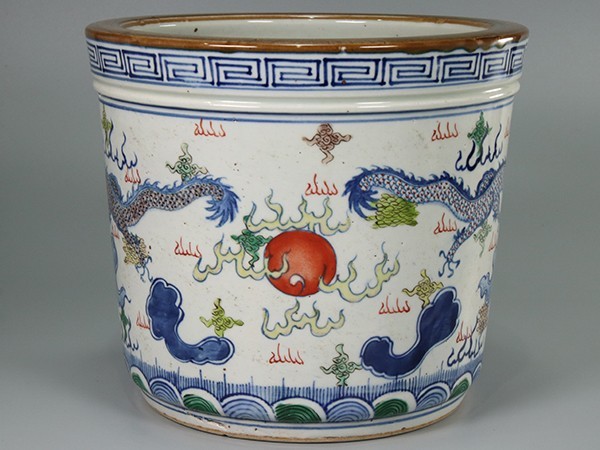 W707. 中国美術 勅封 桓公陶三相神座位前 毅旦 色絵 雲龍図 植木鉢
