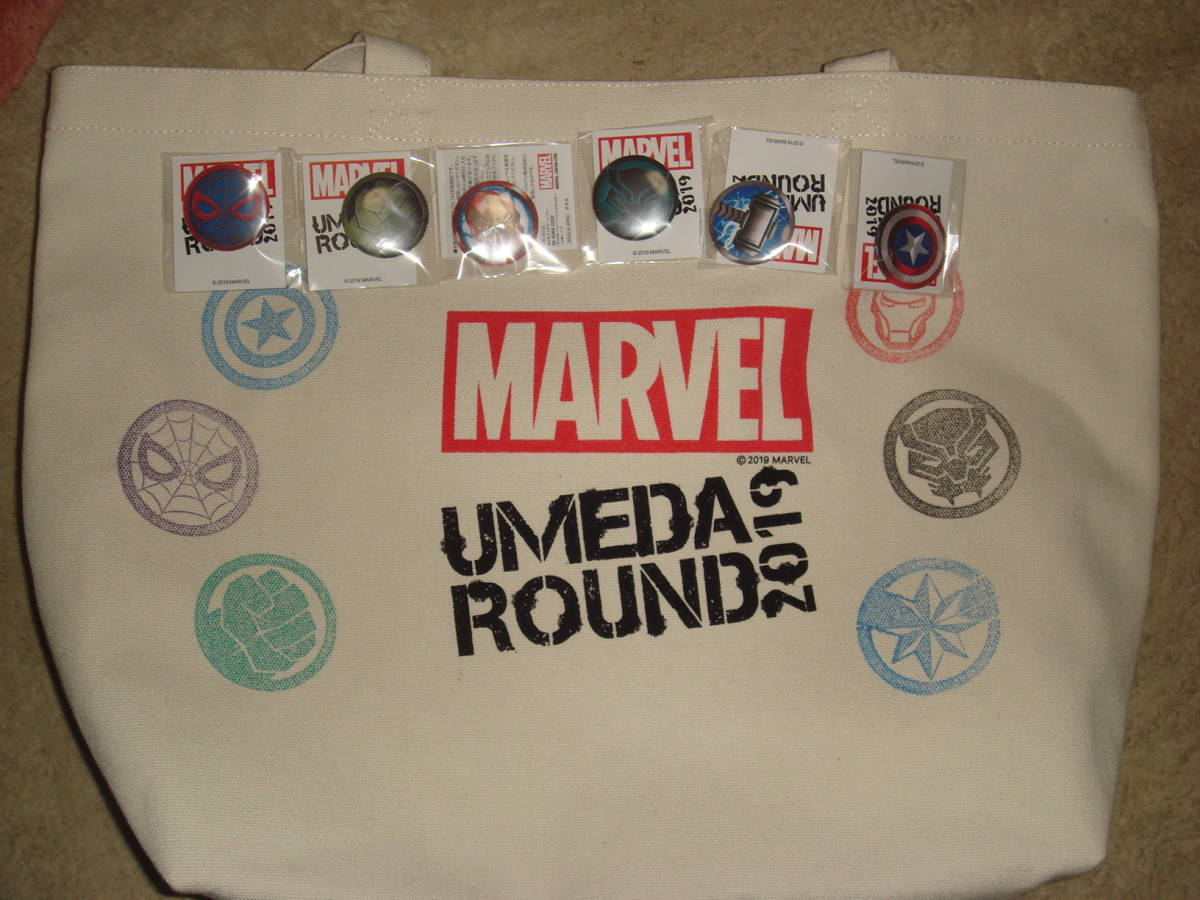 マーベル　MARVEL　UMEDA　ROUND　1000個限定トートバック　豪華缶バッジ6種セット　アイアンマン　スパイダーマン　ハルク　
