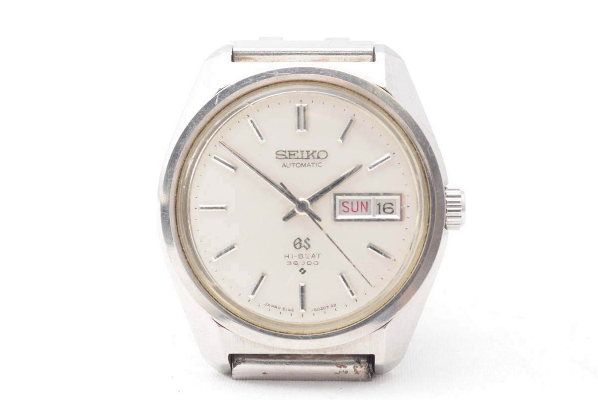 ★GS GRAND SEIKO グランドセイコー 6146-8000 HI-BEAT 3600 デイデイト デイト シルバー 自動巻き メンズ♪
