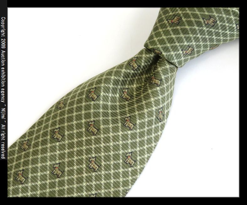 m037■BURBERY LONDON バーバリー▲日本製 高級メンズネクタイ▼カーキ系 テリア犬と格子柄