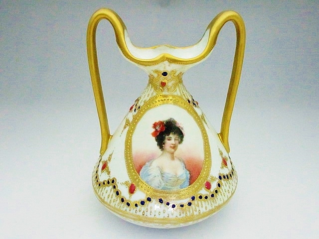 オールドノリタケ☆ポートレート金盛上ジュールハンドル花瓶 17．5
