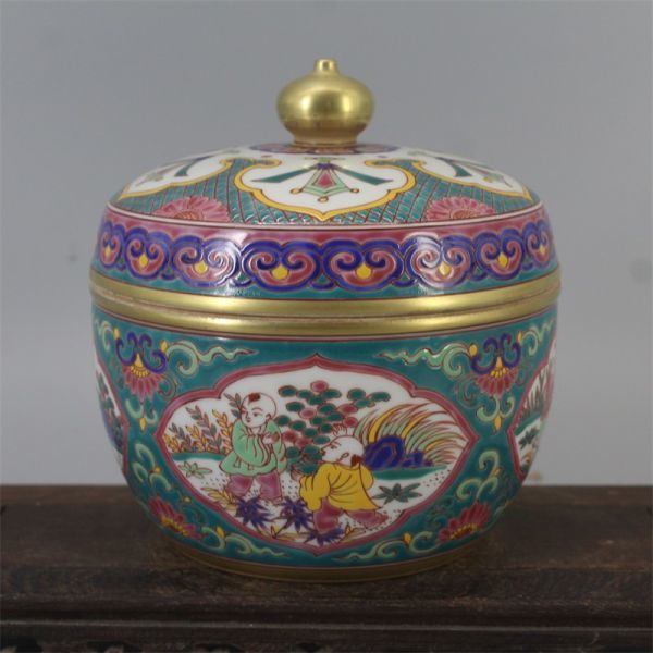 中国アンティーク器 中国古董品 極上珍品 明 宣德 琅彩 絵窓を開けて 参缶 置物 賞物 yw22