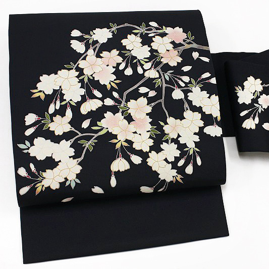 ★ちどり★ 名古屋帯 正絹 桜 塩瀬 濃グレー 絹菱 本加工友禅 未仕立て 九寸 反物 五泉 上品 エレガント お洒落着 お食事 観劇 zn1614