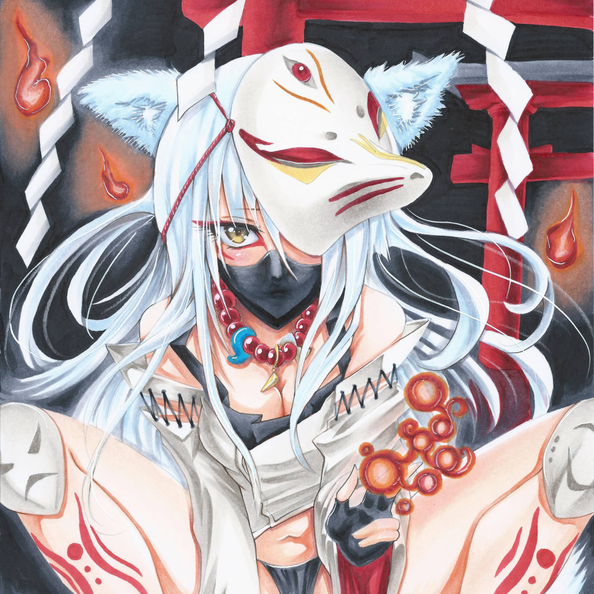 同人 手描き イラスト】☆オリジナル☆狐☆くノ一☆A4☆おまけラフ