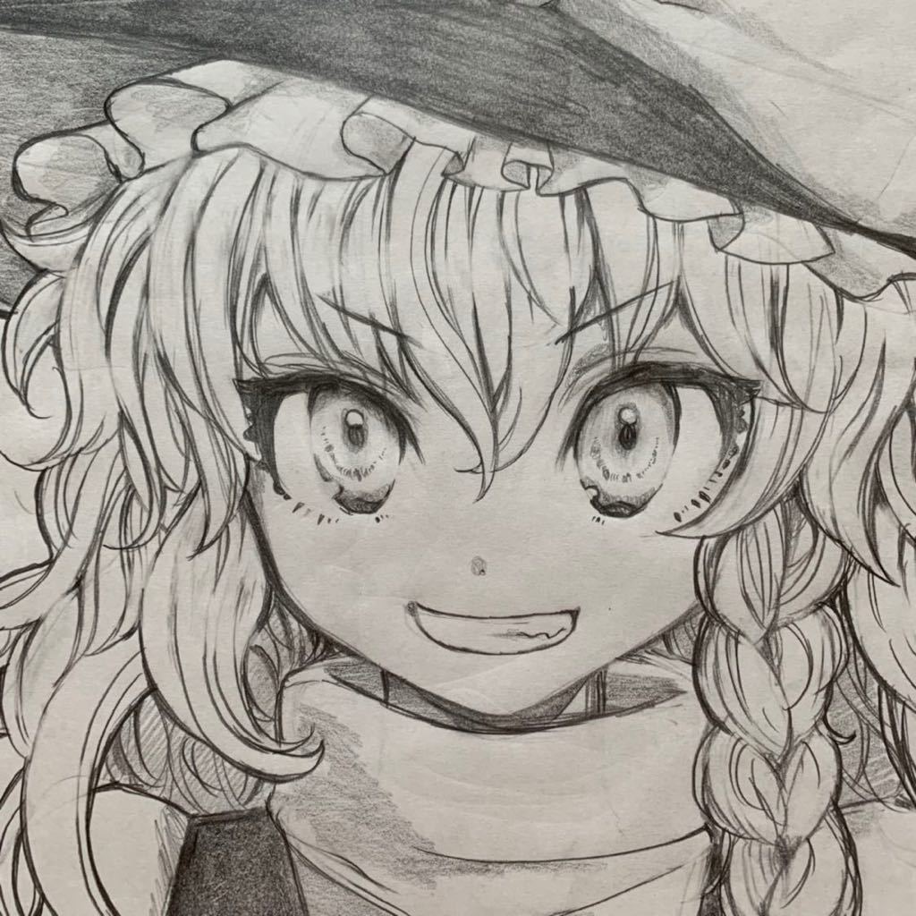 東方project 霧雨魔理沙　二次創作　手書きイラスト 　鉛筆画 同人手描きイラスト 東方project 霧雨魔理沙 鉛筆画 モノクロ サイズ