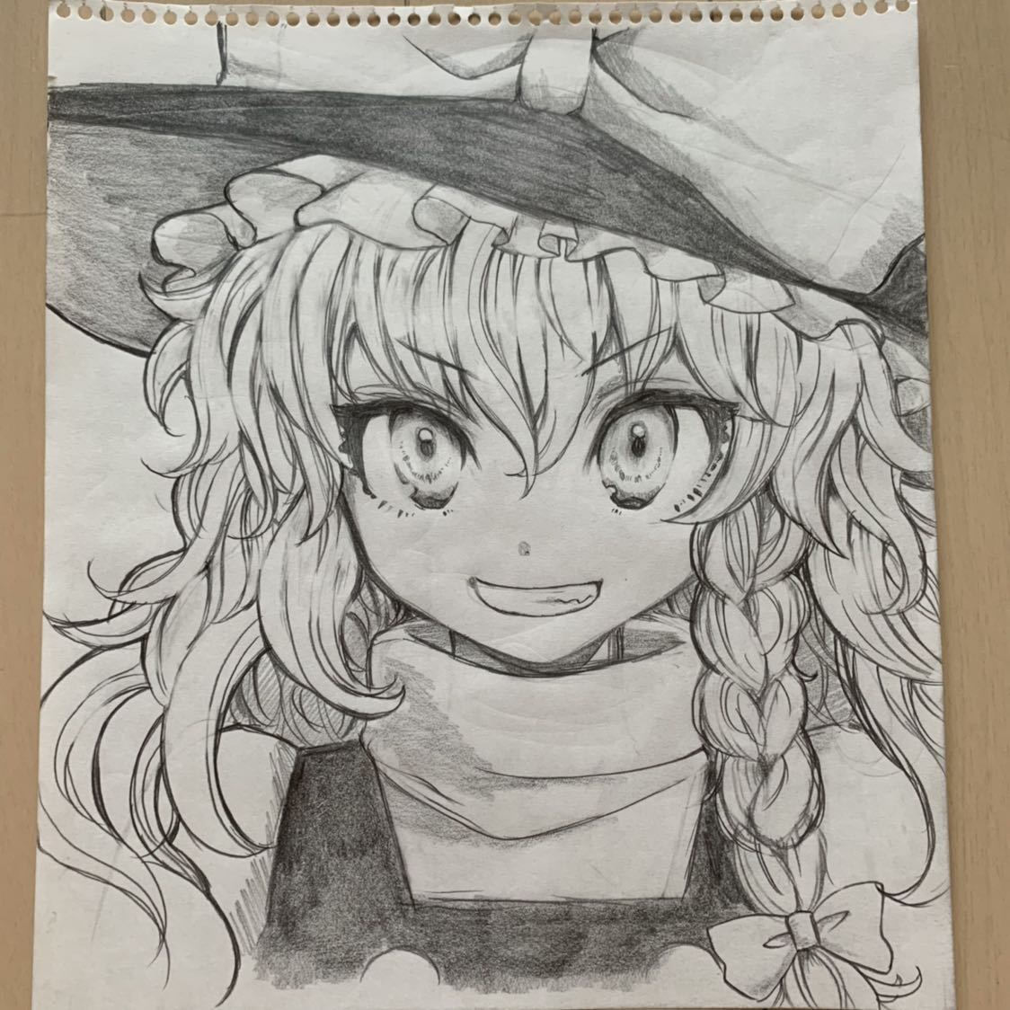 同人手描きイラスト 東方project 霧雨魔理沙 鉛筆画 モノクロ サイズ