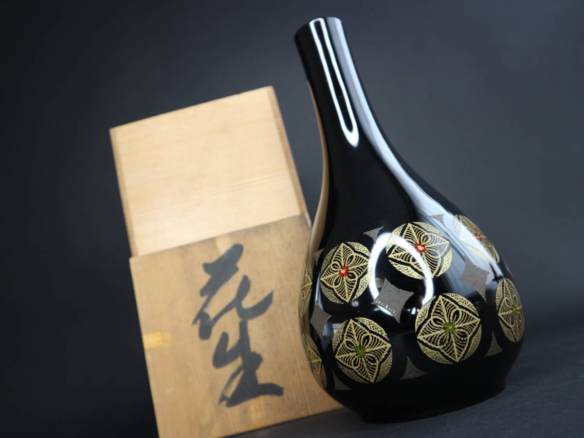 希少✨日展作家 乃生須将己作 花生　花器　花瓶　木製漆器　伝統工芸　漆芸　蒟醤塗 日本 店舗 乃生須将己 作 蒟醤塗 キンマ塗 花生 花瓶 花器 共箱 讃岐