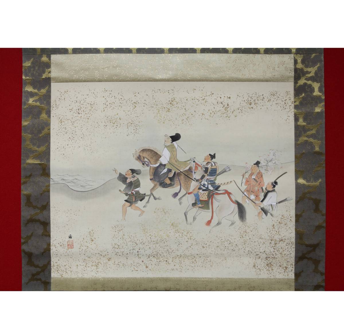 【蔵出】作者不明「遊春図」肉筆絹本掛軸.骨軸先.合わせ箱◎日本画・古美術・南画・中国画◎