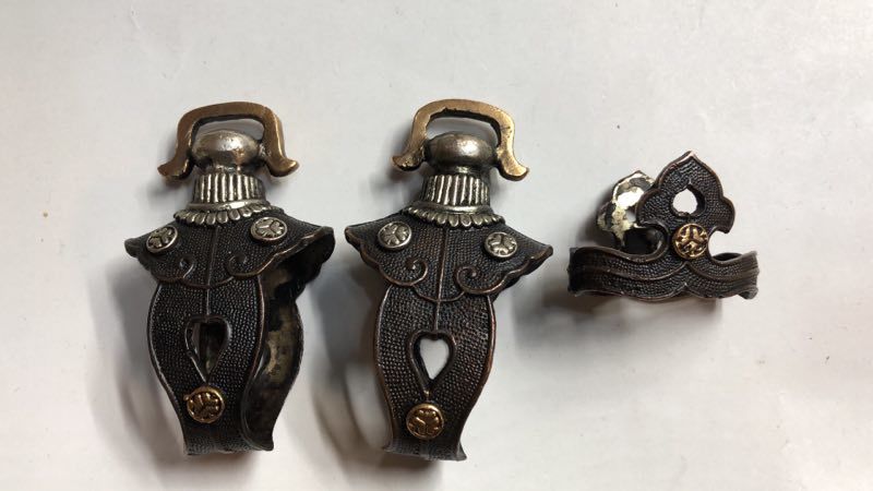 【吉】貴重 紫銅製 刀装具 武具鍔 細密細工彫 9点セット 稀少在銘j854