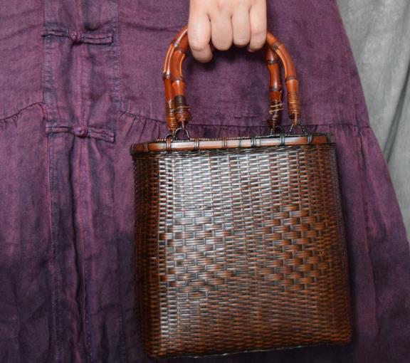 職人手作り 竹編みバッグ 小物入れ籠 ハンドバッグ 古風内布付き