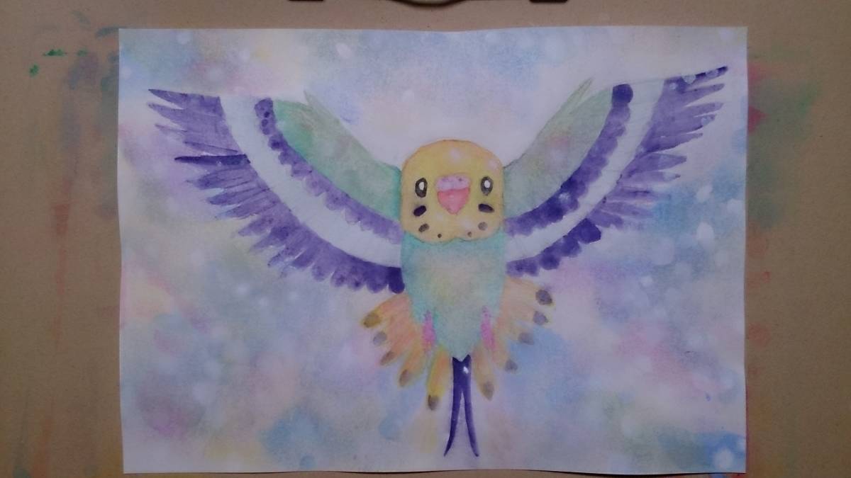 B5サイズオリジナル手描きイラスト セキセイインコと天使 人気の贈り物が