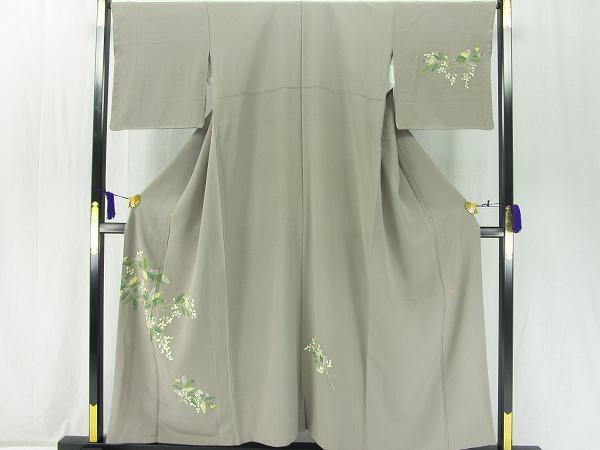 着物ふぁんた△加賀友禅作家　【柿本市郎】　落款有　本加賀友禅　白南天　虫食い葉　植物文　灰汁色　訪問着 i1568